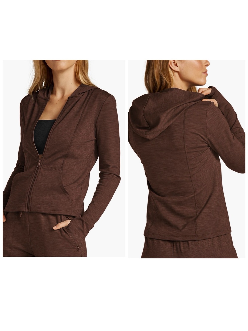 BEYOND YOGA Women’s Size M Brown Heather Rib Zip-Up Hooded Jacket